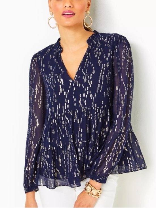 Lilly Pulitzer Tops - Lilly Pulitzer Sarita Long Sleeve Silk Top - Navy and Gold